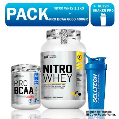 SUPLEMENTO UNIVERSE NUTRITION UN5211 PACK UN NITRO WHEY 1.2 KG VAINILLA + PRO BCAA 6000 400 GR FRUIT PUNCH + SHAKER PRO