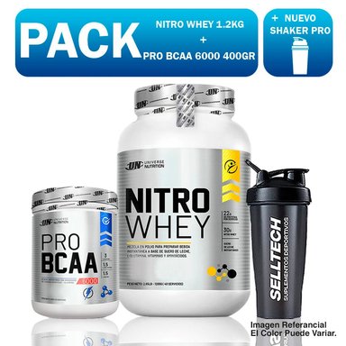 SUPLEMENTO UNIVERSE NUTRITION UN5212 PACK UN NITRO WHEY 1.2 KG CHOCOLATE + PRO BCAA 6000 400 GR NARANJA + SHAKER PRO