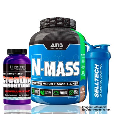 PACK GANADOR DE PESO ANS N MASS 6LB CHOCOLATE + CREATINA MONOHIDRATADA ULTIMATE NUTRITION 300 GR + SHAKER
