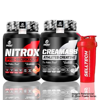 SUPLEMENTO ENERGY NUTRITION PACK CREATINA CREAMASS 500 GR + NITROX 500 GR FRUIT PUNCH + SHAKER