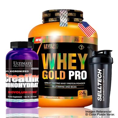 PROTEÍNA LEVEL PRO LVLP5025 WHEY GOLD PRO 6.6 LB RICH CHOCOLATE + CREATINA ULTIMATE NUTRITION 300 GR + SHAKER