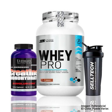WHEY PRO 1.1KG CHOCOLATE + CREATINA ULTIMATE NUTRITION 300GR + SHAKER