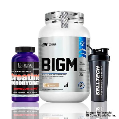 BIGM 2KG VAINILLA + CREATINA ULTIMATE NUTRITION 300GR + SHAKER