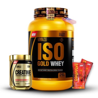ISO GOLD WHEY 2.43 LB CHOCOLATE+CREATINA LEVEL PRO 500GR+2 DIABOLUS