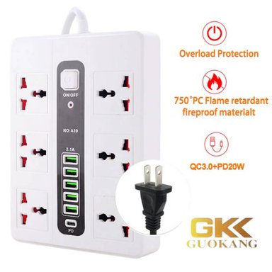 EXTENSIÓN A39 BLANCO ELECTRICA ALARGADOR 6 PUERTOS TOMA CORRIENTE 5 ENTRADAS USB