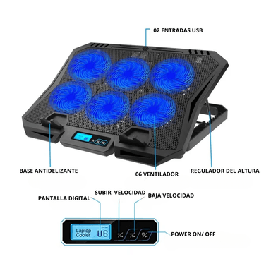 SOPORTE BASE COOLER VENTILADOR PARA LAPTOP NOTEBOOK 6 VENTILADORES X6A - 4