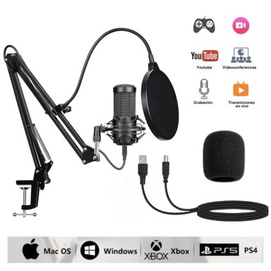 MICRÓFONO CONDENSADOR PROFESIONAL GRABACION ESTUDIO USB CON BRAZO AJUSTABLE ANTIPOP BM-800TZ-NEGRO