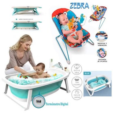 COMBO ZEBRA BAÑERA PORTÁTIL + SILLA MCEDORA MUSICAL CON VIBRADOR AZUL