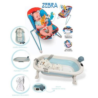 SET BAÑO TINA JELLY TERMÓMETRO + SILLA MCEDORA MUSICAL VIBRADOR ZEBRA AZUL