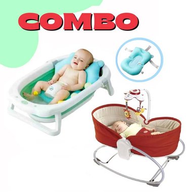 MECEDORA MULTIFUNCIÓN ROJA Y TINA PLEGABLE CON COJÍN CELESTE