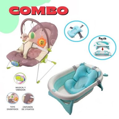 COMBO MECEDORA MUSICAL MONITO VIBRATORIO + BAÑERA PLEGABLE CELESTE