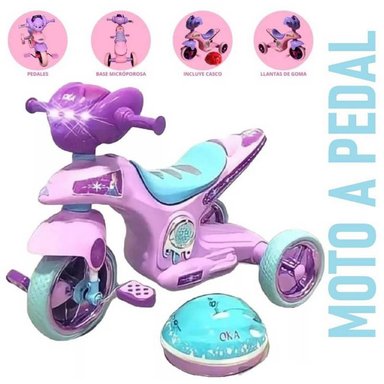 MOTO A PEDAL MUSICAL CON LUCES Y BOCINA MORADO Y CELESTE