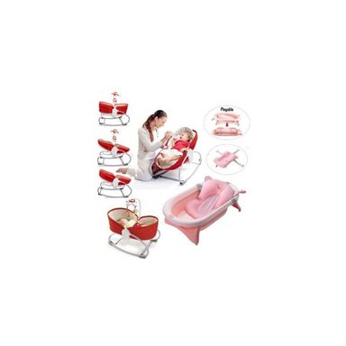 MECEDORA IDEAL MULTIFUNCIÓN ROJA Y TINA PLEGABLE CON COJÍN ROSADO