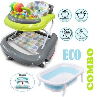 ANDADOR BABY HAPPY COMBO MECEDORA ECO VERDE Y TINA PLEGABLE AZUL