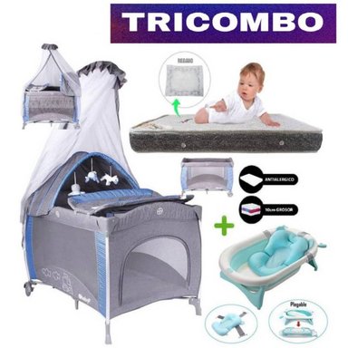 CUNA CORRAL EBABY NOA AZUL Y COLCHÓN Y TINA