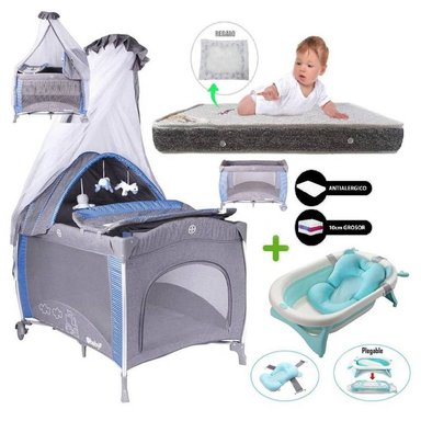 CUNA CORRAL EBABY NOA MULTICOLOR Y COLCHÓN Y TINA