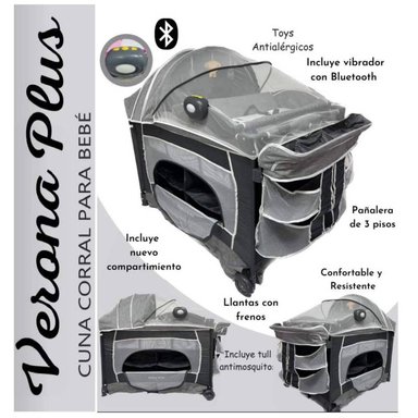 CUNA CORRAL BABY KITS VERONA PLUS GRIS VIBRADOR