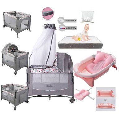 CUNA CORRAL EBABY DACORA MULTICOLOR Y COLCHÓN Y TINA