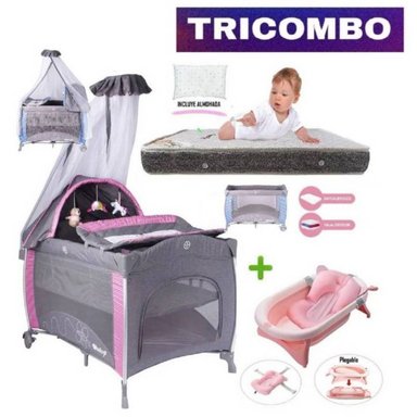 CUNA CORRAL EBABY NOA MULTICOLOR Y COLCHÓN Y TINA