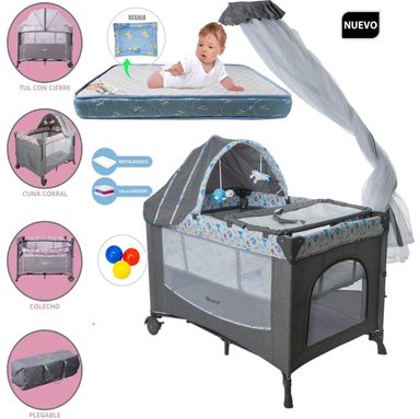 CUNA CORRAL EBABY DACORA MULTICOLOR Y COLCHÓN Y TINA
