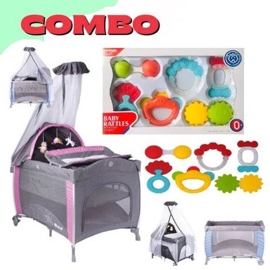 CUNA CORRAL EBABY NOA MULTICOLOR Y SONAJAS 6 PIEZAS