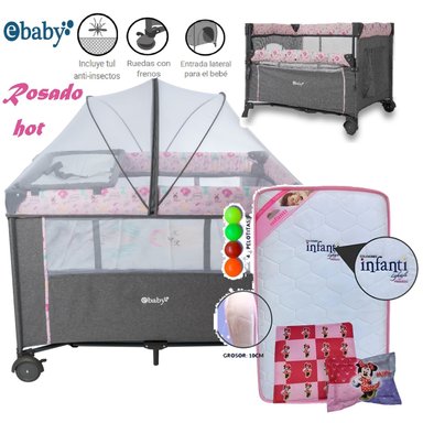CUNA CORRAL EBABY NALA ROSADO Y COLCHÓN