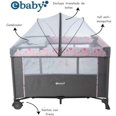CUNA CORRAL EBABY NALA ROSADO Y COLCHÓN - 2