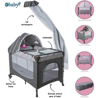 CUNA CORRAL MECEDORA EBABY DACORA MULTICOLOR CON CAMBIADOR CON CINTURÓN