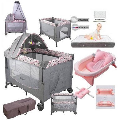 CUNA CORRAL EBABY TRICOMBO42 MULTICOLOR + COLCHÓN + TINA