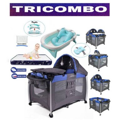 CUNA CORRAL EBABY LAUREN MULTICOLOR Y COLCHÓN Y TINA