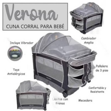 CUNA CORRAL BABY KITS VERONA GRIS VIBRADOR