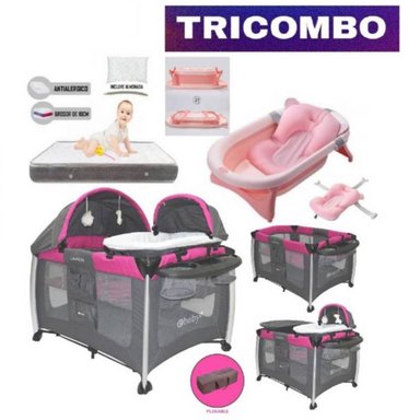 CUNA CORRAL EBABY TRICOMBO24 MULTICOLOR + COLCHÓN PLOMO + TINA