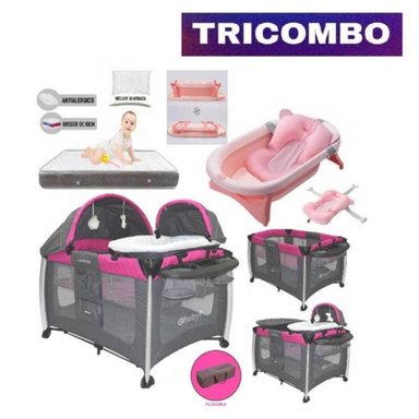CUNA CORRAL EBABY TRICOMBO24 MULTICOLOR + COLCHÓN PLOMO + TINA - 2