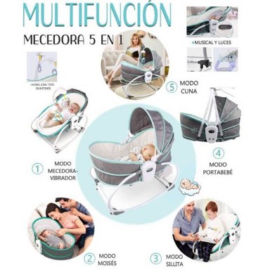CUNA BABY WORLD BB555 MULTICOLOR SILLA MECEDORA PORTÁTIL MULTIFUNCIONAL 5 EN 1
