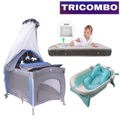 CUNA CORRAL EBABY TRICOMBO 3 MULTICOLOR + COLCHÓN + TINA + COJÍN