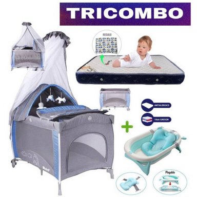 CUNA CORRAL EBABY TRIMCOMBO4 MULTICOLOR + COLCHÓN + TINA CON COJÍN