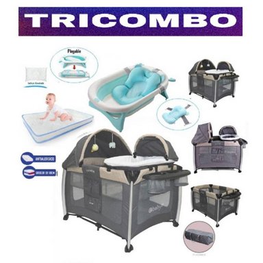 CUNA CORRAL EBABY TRICOMBO5 MULTICOLOR + COLCHÓN + TINA