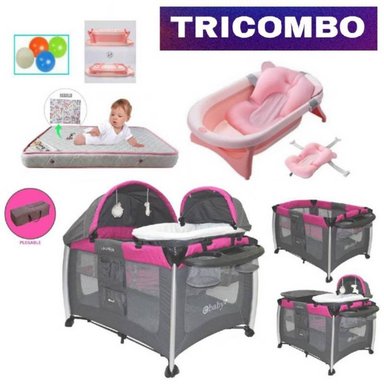 CUNA CORRAL TRICOMBO20 MULTICOLOR + COLCHÓN CON PELOTAS+ TINA