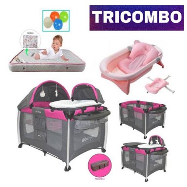 CUNA CORRAL EBABY LAUREN MULTICOLOR Y COLCHÓN CON PELOTAS Y TINA