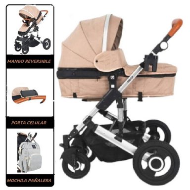 COCHE MOISÉS BABY HAPPY ENZO BC-511A MULTICOLOR CON MOCHILA Y PAÑALERA