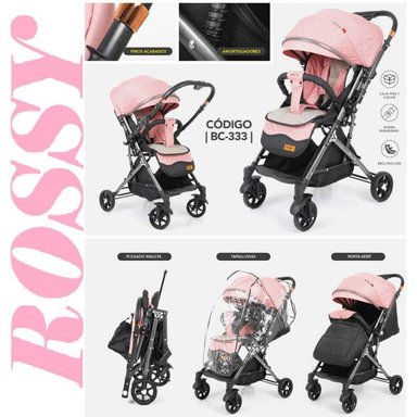COCHE CUNA BABY HAPPY ROSSY ROSADO CON MANGO REVERSIBLE Y ACCESORIOS