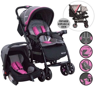 COCHE CUNA EBABY BRAVIAR 4 EN 1 ROSADO CON PORTA BEBE 1092