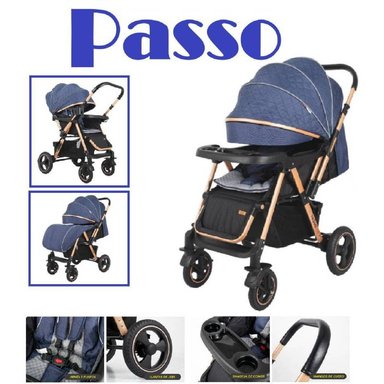 COCHE CUNA BABY HAPPY PASSO AZUL CON MANGO REVERSIBLE Y MESA