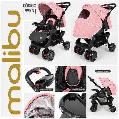 COCHE CUNA BABY HAPPY MALIBU ROSA CON PORTA VASO Y MESA PORTA BEBE