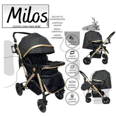 COCHE CUNA MILOS NEGRO NEGRO CON BANDEJA Y MANGO REVERSIBLE