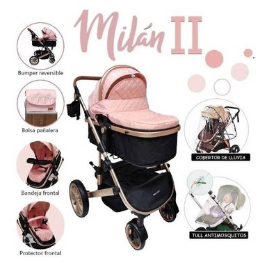 COCHE CUNA BABY KITS MILÁN ROSADO MOISÉS CON PAÑALERA Y ACCESORIOS