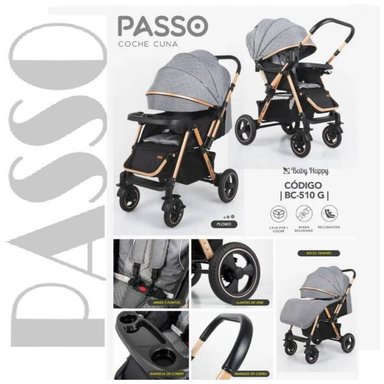 COCHE CUNA BABY HAPPY PASSO GRIS DE PASS0 CON MANGO REVERSIBLE Y MESA