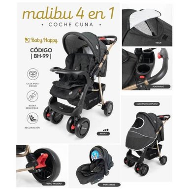 COCHE CUNA BABY HAPPY MALIBU NEGRO CON PORTA VASO Y MESA BEBE