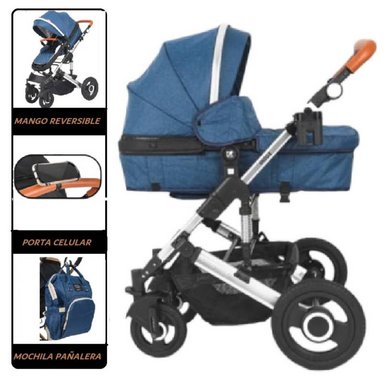 COCHE MOISÉS BABY HAPPY ENZO BC-511A MULTICOLOR CON MOCHILA Y PAÑALERA