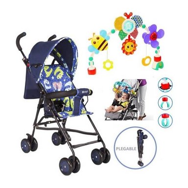 COCHE BASTÓN EBABY 5 EN 1 AZUL CON ARO DE JUGUETE